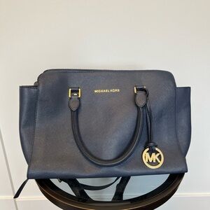 Michael Kors large leather navy blue Selma satchel/tote bag with gold ha…